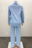 Light Blue Casual Solid Color Buckle Patchwork Shirt Collar Long Sleeve Two Pieces