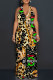 Black khaki Street Letters Chain print Leopard Pocket Lace Up Backless Halter Loose Jumpsuits