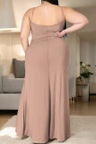Orange Khaki Casual Cartoon Print Slit Contrast U Neck Printed Plus Size Dresses