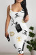 White Sexy Letter Print Contrast U Neck Printed Dresses