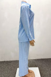 Light Blue Casual Solid Color Buckle Patchwork Shirt Collar Long Sleeve Two Pieces