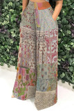Red White Casual Print Pocket Patchwork Loose Mid Waist Full Print Bottoms