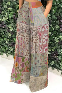 Multicolor Casual Print Pocket Patchwork Loose Mid Waist Full Print Bottoms
