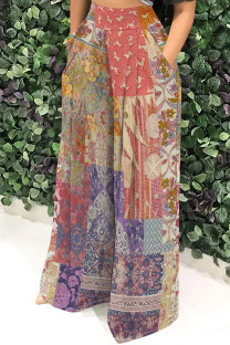 Fuchsia Casual Print Pocket Patchwork Loose Mid Waist Full Print Bottoms