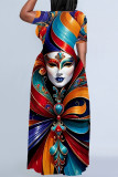 Blue Orange Casual Print Mask portrait Contrast O Neck Printed Plus Size Dresses