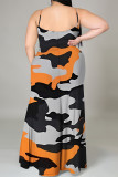 Brown Sexy Camouflage Print Gradient Slit Contrast U Neck Printed Plus Size Dresses