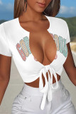 White Sexy Letter Print Lace Up V Neck T-Shirts