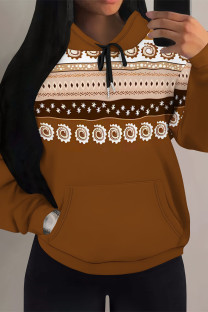 Brown Casual Geometric Print Draw String Pocket Hooded Tops