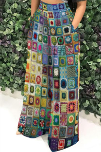 Green Yellow Casual Print Pocket Patchwork Loose Mid Waist Full Print Bottoms