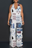 Navy Blue Casual Geometric Print Pocket Lace Up Backless Contrast Halter Loose Jumpsuits