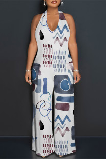 White Casual Geometric Print Pocket Lace Up Backless Contrast Halter Loose Jumpsuits