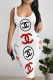White Sexy Letter Print Stripe Contrast U Neck Printed Dresses