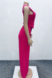 Rose Red Casual Solid Color Buckle Patchwork V Neck Sleeveless Two Pieces