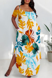 White Sexy Floral Print Pocket Slit Contrast O Neck Printed Plus Size Dresses