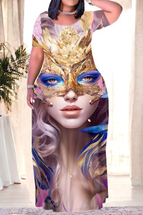 Pink Casual Print Mask portrait Contrast O Neck Printed Plus Size Dresses