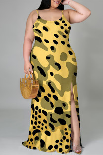 Green Yellow Sexy Camouflage Print Gradient Slit Contrast U Neck Printed Plus Size Dresses