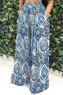 Baby Blue Casual Print Pocket Patchwork Loose Mid Waist Full Print Bottoms