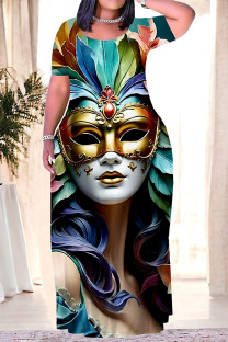 Turquoise Casual Print Mask portrait Contrast O Neck Printed Plus Size Dresses