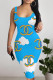 Sky Blue Sexy Letter Print Stripe Contrast U Neck Printed Dresses