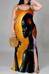 Dark Orange Casual Cartoon Print Slit Contrast U Neck Printed Plus Size Dresses