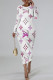 White Elegant Letter Print Gradient Contrast O Neck Printed Dresses