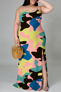 Colour Sexy Camouflage Print Gradient Slit Contrast U Neck Printed Plus Size Dresses