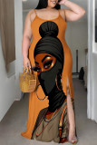 Orange Khaki Casual Cartoon Print Slit Contrast U Neck Printed Plus Size Dresses