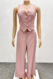 Rose Red Casual Solid Color Buckle Patchwork V Neck Sleeveless Two Pieces