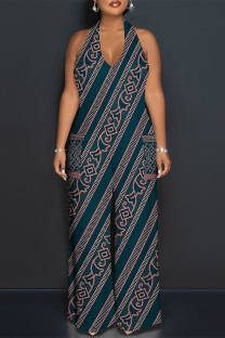 Navy Blue Casual Geometric Print Pocket Lace Up Backless Contrast Halter Loose Jumpsuits