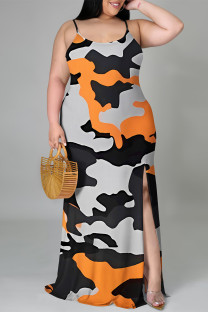 Grey Sexy Camouflage Print Gradient Slit Contrast U Neck Printed Plus Size Dresses