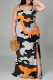 Grey Sexy Camouflage Print Gradient Slit Contrast U Neck Printed Plus Size Dresses
