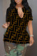 Black Brown Casual Letter Print Slit Contrast V Neck T-Shirts