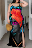 Orange Khaki Casual Cartoon Print Slit Contrast U Neck Printed Plus Size Dresses