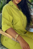 Green Casual Solid Color Buckle Patchwork Turndown Collar Half Sleeve Two Pieces