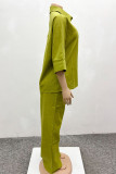 Green Casual Solid Color Buckle Patchwork Turndown Collar Half Sleeve Two Pieces