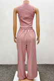 Rose Red Casual Solid Color Buckle Patchwork V Neck Sleeveless Two Pieces