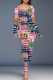Blue Pink Casual Letter Print Stripe Contrast O Neck One Step Skirt Dresses