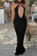 Black Sexy Solid Color Hollow Out Patchwork Backless O Neck Long Dresses