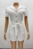 White Casual Plaid Buckle Strap Design Turndown Collar Regular Rompers