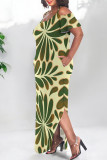 Beige Sexy Floral Print Pocket Slit Contrast O Neck Printed Plus Size Dresses