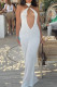 White Sexy Solid Color Hollow Out Patchwork Backless O Neck Long Dresses