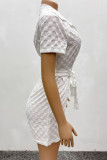 White Casual Plaid Buckle Strap Design Turndown Collar Regular Rompers