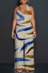 Beige Casual Geometric Print Pocket Lace Up Backless Contrast Halter Loose Jumpsuits