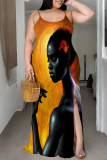 Orange Khaki Casual Cartoon Print Slit Contrast U Neck Printed Plus Size Dresses