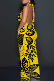 Navy Blue Casual Geometric Print Pocket Lace Up Backless Contrast Halter Loose Jumpsuits