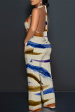 Navy Blue Casual Geometric Print Pocket Lace Up Backless Contrast Halter Loose Jumpsuits
