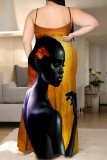 Orange Khaki Casual Cartoon Print Slit Contrast U Neck Printed Plus Size Dresses