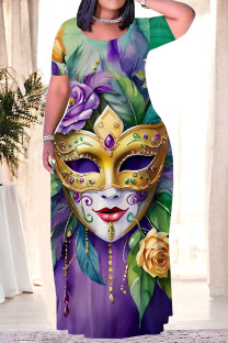 Purple Green Casual Print Mask portrait Contrast O Neck Printed Plus Size Dresses