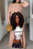 Orange Khaki Casual Cartoon Print Slit Contrast U Neck Printed Plus Size Dresses