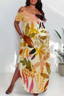 Beige Sexy Floral Print Pocket Slit Contrast O Neck Printed Plus Size Dresses